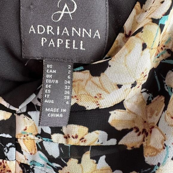 Adrianna Papell Black Floral Midi Dress Romantic Cottagecore Puff Sleeve Size 2 - Picture 7 of 7